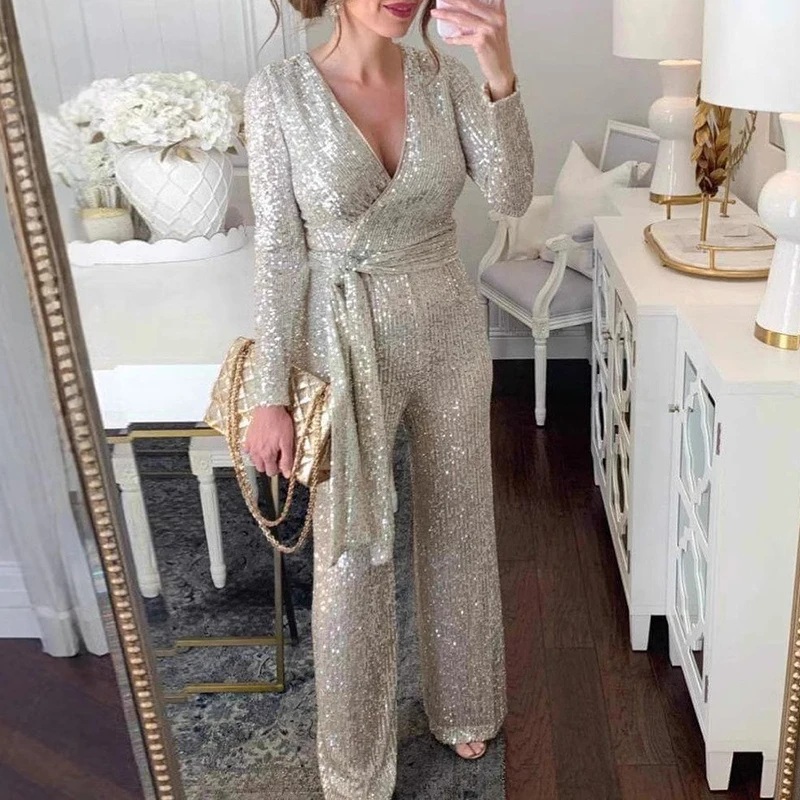 Winter V Neck Wide Leg Club Combination Fashion Sequins Lace Up Party Jumpsuit Winter Elegant Draped Long Sleeve Women's Romper