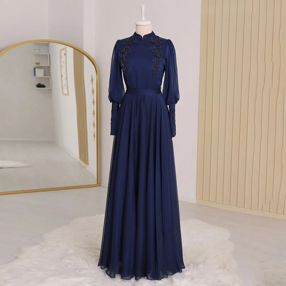 Blue Evening Dresses สำหรับผู้หญิงลูกไม้ Applique ประดับด้วยลูกปัดแขนยาวพรหมชุดชีฟอง A-Line ชั้น Lebngth فستان سهرة نسائي