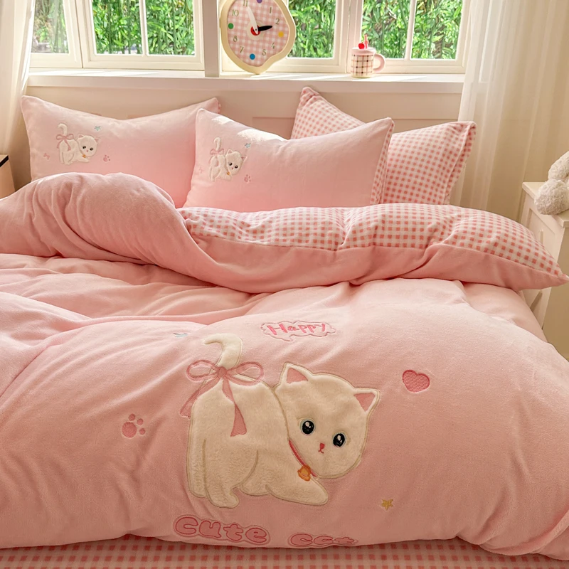 3/4Pcs Pink Cute Cat Embroidery Child Bedding Set Single Double Queen King Size Duvet Cover Flat/Fitted Bed Sheet Pillowcases