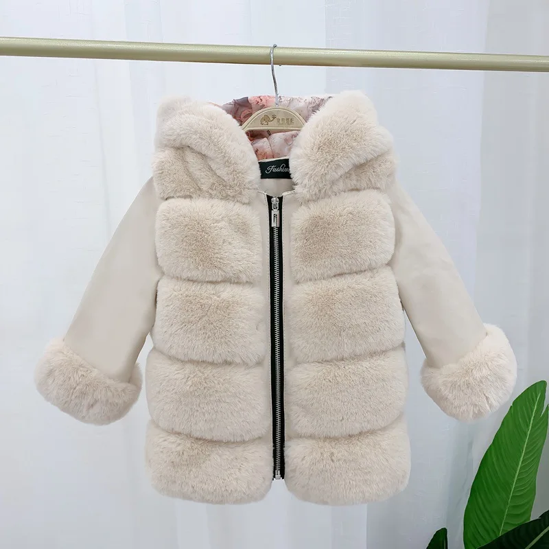 2023 autunno neonata vestiti invernali cappotto di cotone coreano Unisex capelli di coniglio con cappuccio imitazione pelliccia corta calda tinta