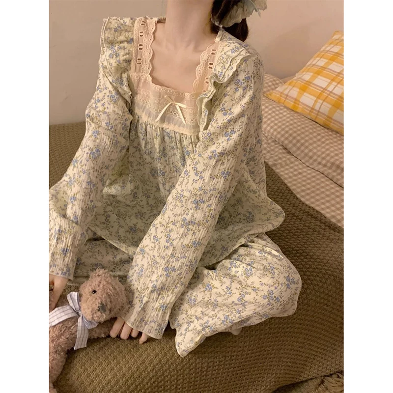 Floral Sleepwear Lace Women Pajamas Set Autumn Piiama Korean Long Sleeve Sets 2 Pieces Night Wears Square Collar Home Wear New