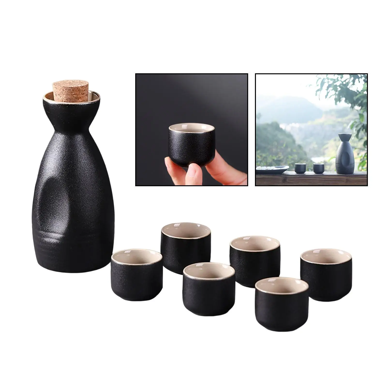 Vintage Ceramic Sake Pot Cups Set Traditional Durable Crafts Gift Groove Design Creative for Cupboard Cabinet Drawer Home