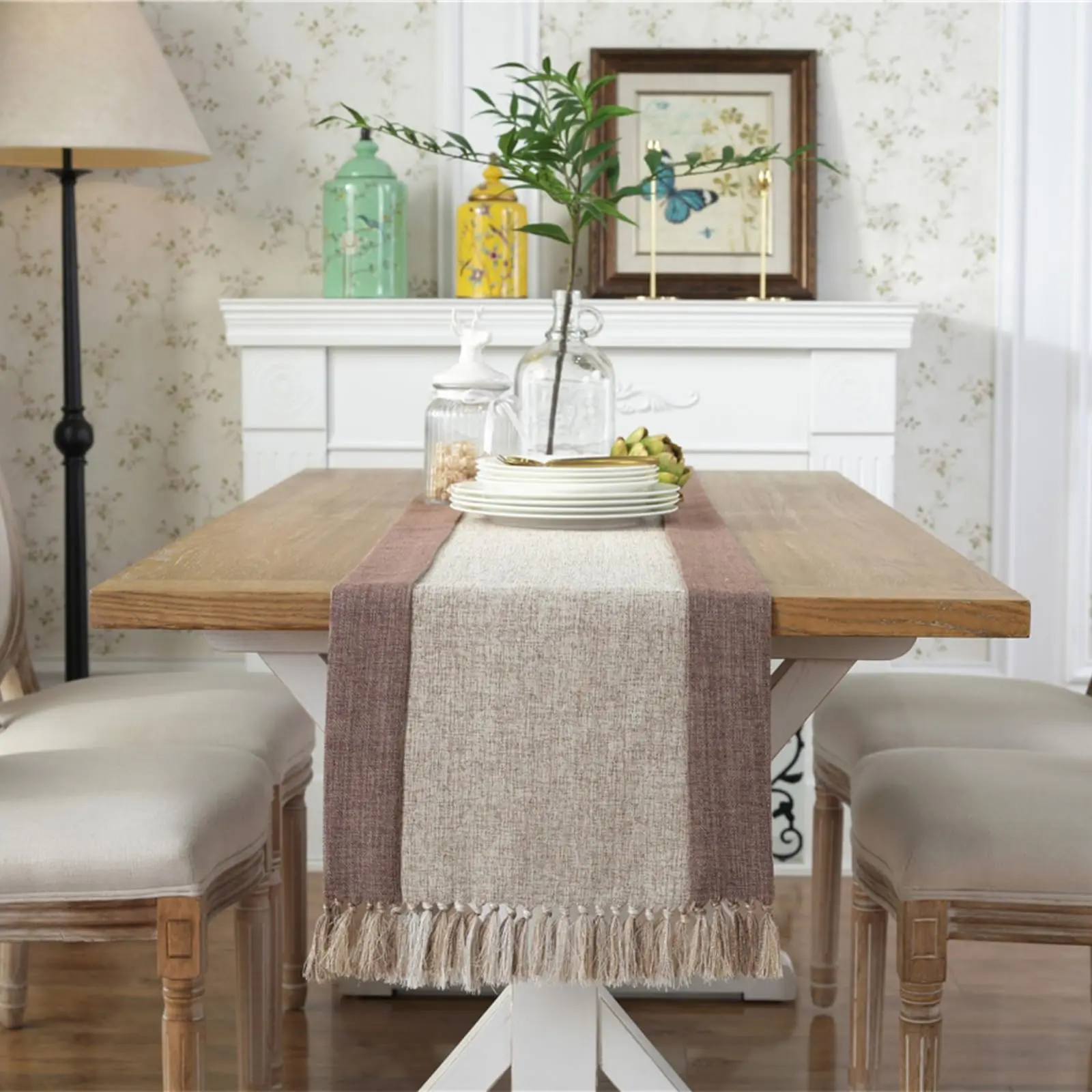 

Cotton Linen Farmhouse Style Table Runner,French Country Handmade Tassel Table Runner for Home Decor,Dresser Scarf Holiday Party