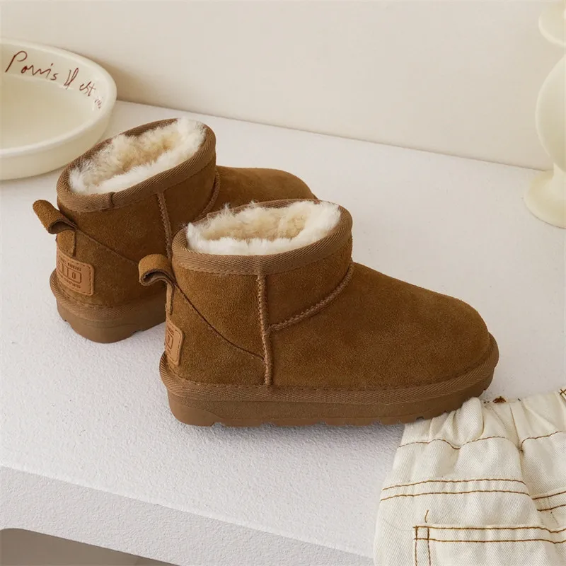 Winter Children Wool Snow Boots Boys Girls Quality Genuine Leather Boots Baby Soft Cow Suede Cotton Shoes Kids Winter Boots