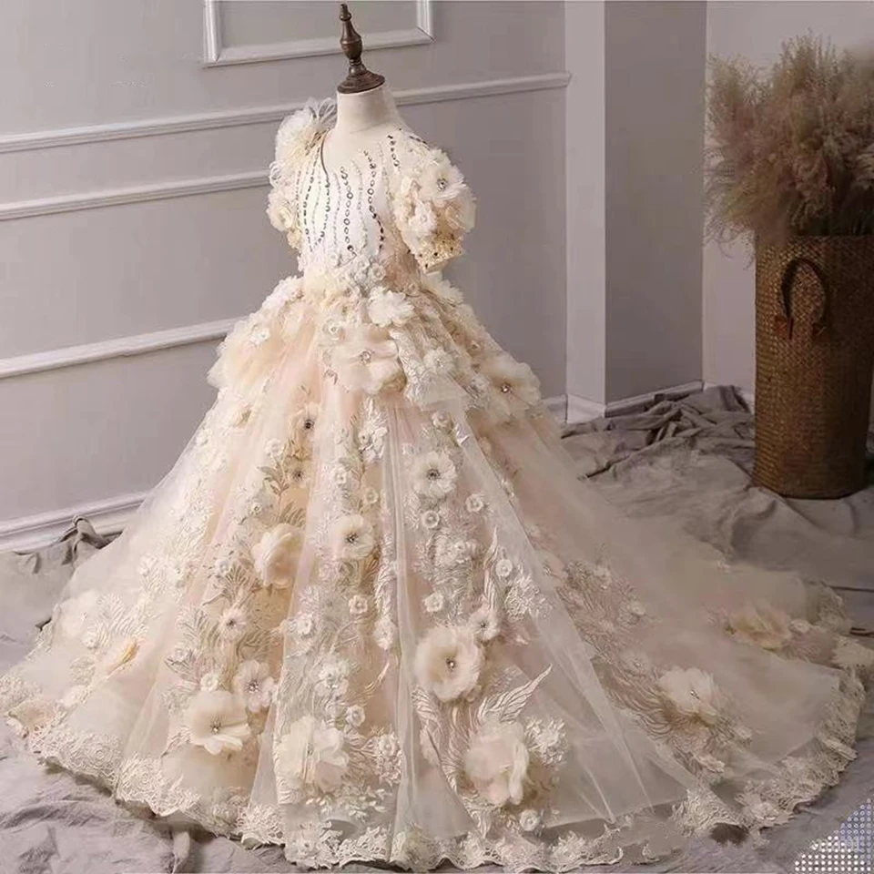 Vestidos de flores champán de lujo para niña, apliques florales 3D, lentejuelas brillantes con cuentas, vestido de Primera Comunión para desfile de cumpleaños para niños, 2023