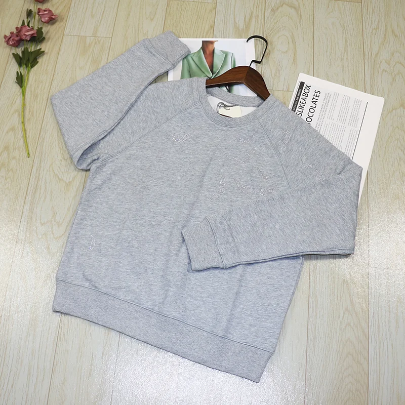 Nueva sudadera con capucha de gran tamaño para mujer de invierno, sudadera informal con adornos de diamantes hasta el hombro, sudadera redonda de mezcla de algodón Ne