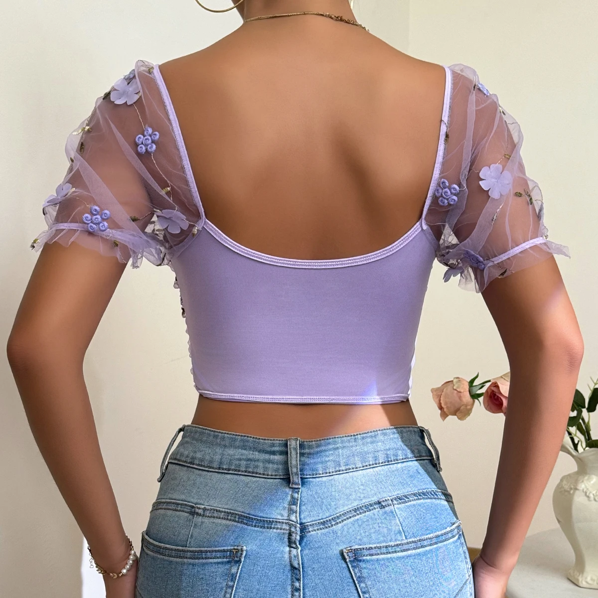 Sexy Embroidered Double Mesh Fishbone Corset Tops Slim-fit vest Street Style Butterfly Short Sleeve T-shirt Slim Crop Top Corset