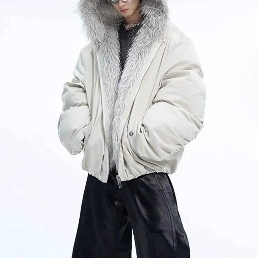 Mens Winter Jacket Furry Patchwork Hooded Cotton Jacket Fashion Casual Outdoor Versatile Comfortable Outerwear Coat 2025 New