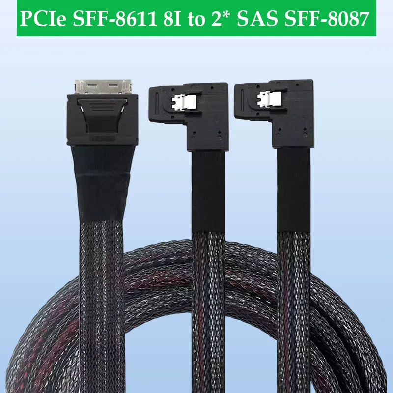 ADT-Link Oculink PCIe SFF-8611 8I to 2* SAS SFF-8087 Left-Turn High-Speed Adapter Cable for Server with Optional Length 0.5M/1M