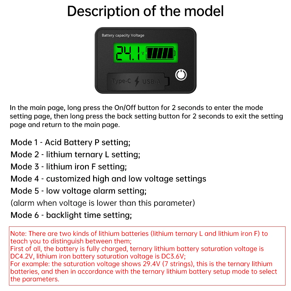 DC 8-30V LCD Digital Battery Voltmeter Capacity Indicator Lithium Acid Battery Voltage Tester Meter Tool USB TypeC Output