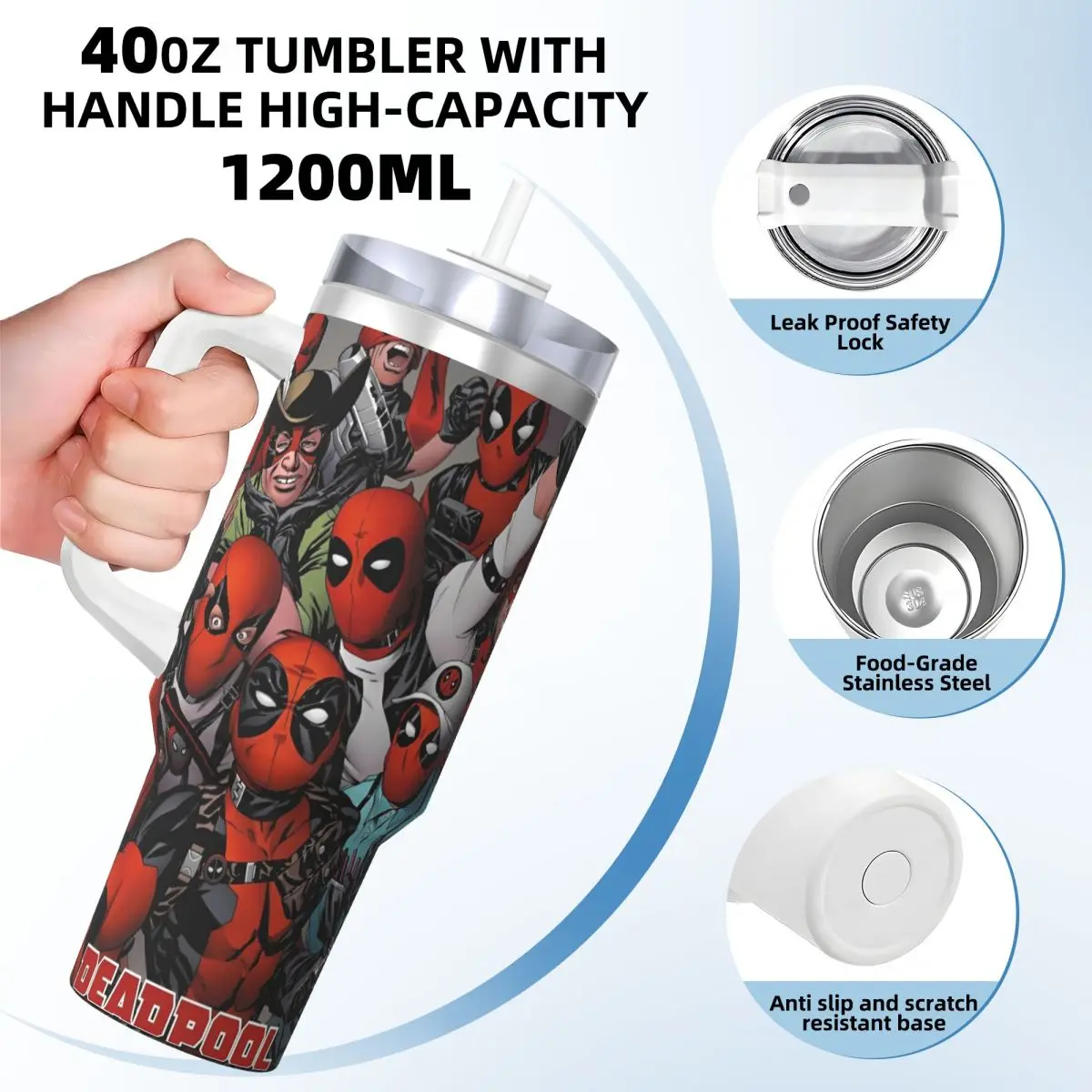 Stainless Steel Tumbler Trends Comics Deadpool Faces Wall Thermal Cups Leakproof Hot Drinks Mugs Cup Beach Design Water Bottle