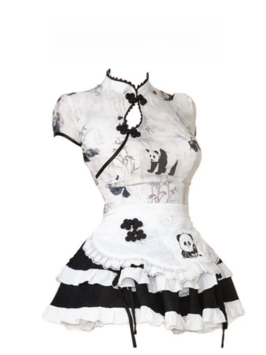 

Топ с принтом панды, юбка с высокой талией и фартуком, женский комплект Faion Ensemble ort Sve, летний комплект из двух предметов