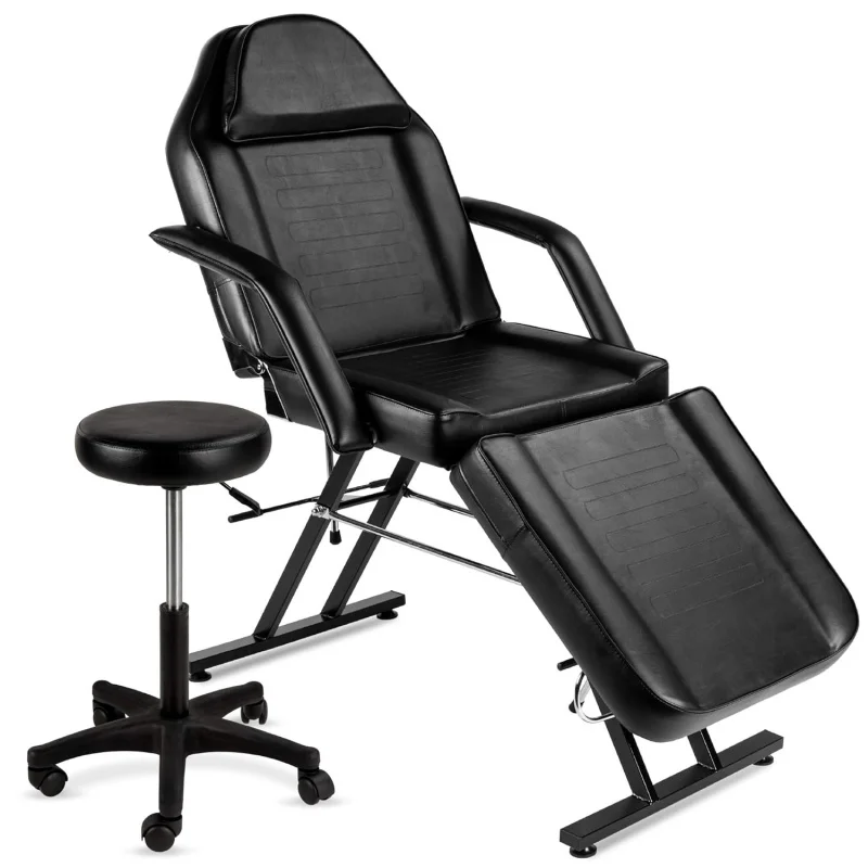 

71in 3-Section Multipurpose Massage Bed, Black Tattoo Spa Bed with Hydraulic Stool, Removable Headrest & Cradle