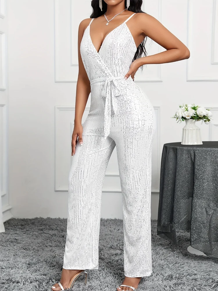 Elegant Sexy Jumpsuits Women Sleeveless Sequin Glitter Shiny Trousers Wide Leg Pants Rompers Backckless Jumpsuit Romper Overalls