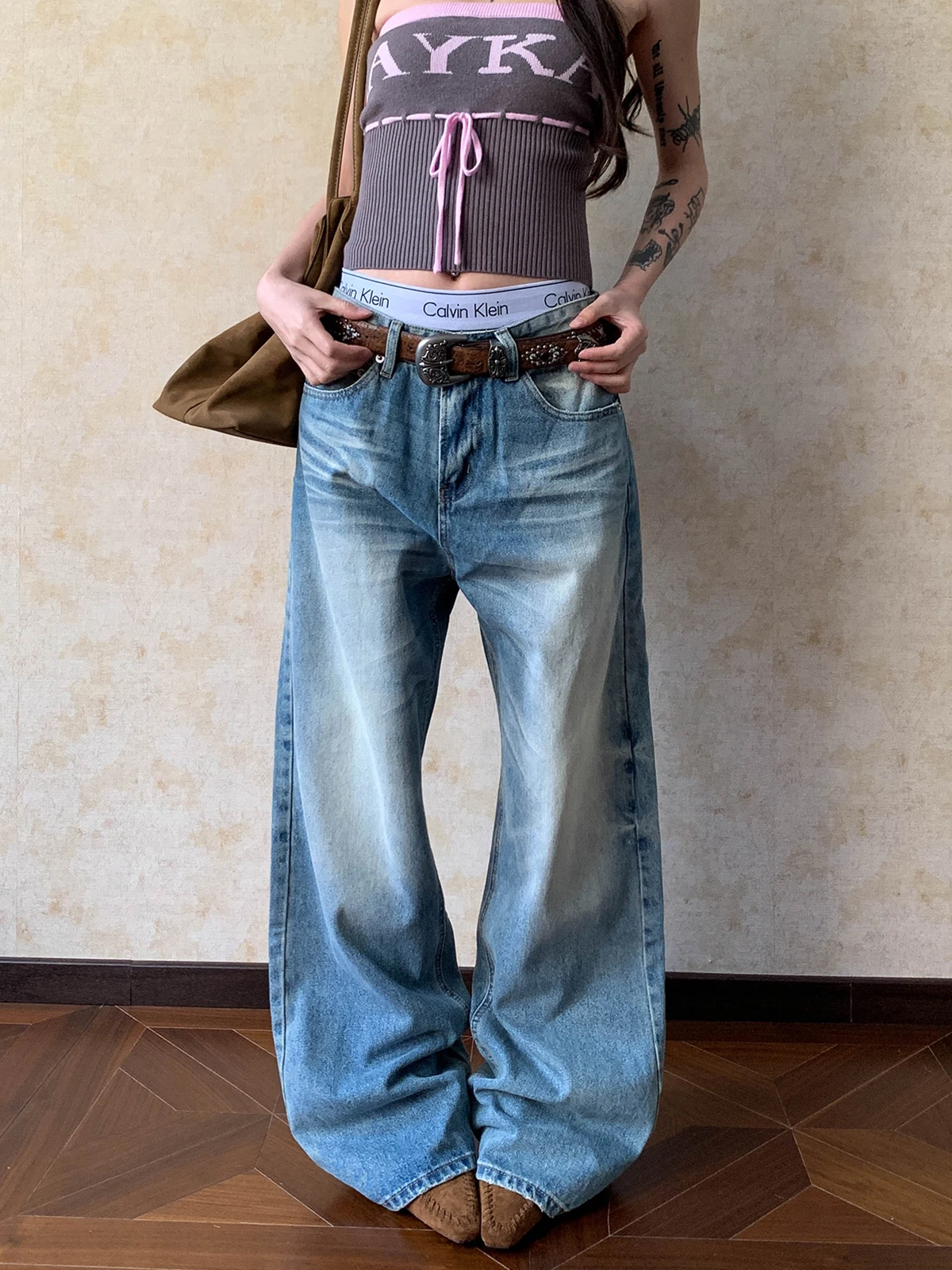 

Aket American Sle High Waist Women's Jeans CleanFit Loose Straight Leg Waed out Effect Comfortable Breathable Cotton