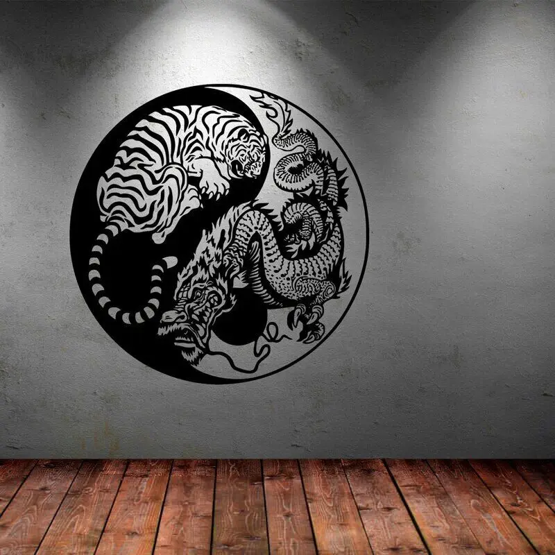 Pegatina de pared de dragón y tigre Ying Yang, calcomanía de vinilo, decoración artística Mural 3C94