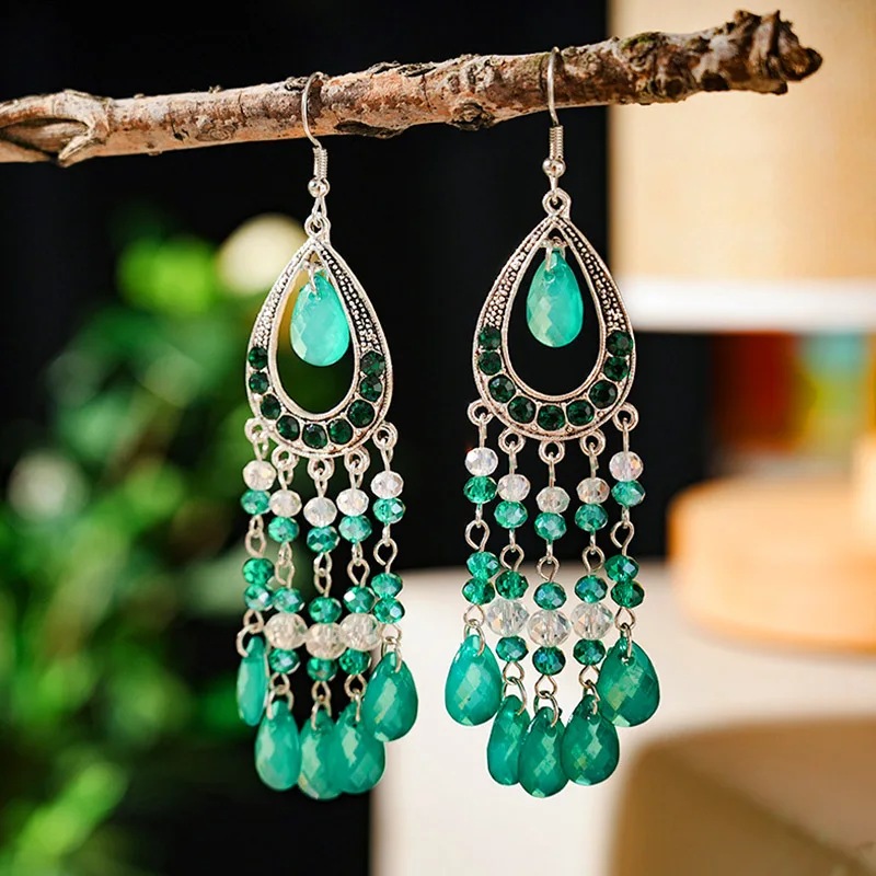 Vintage Bohemian Crystal Water Drop Earrings for Women Elegant Long Silver Color Vacation Style Earring Party Daily Jewelry