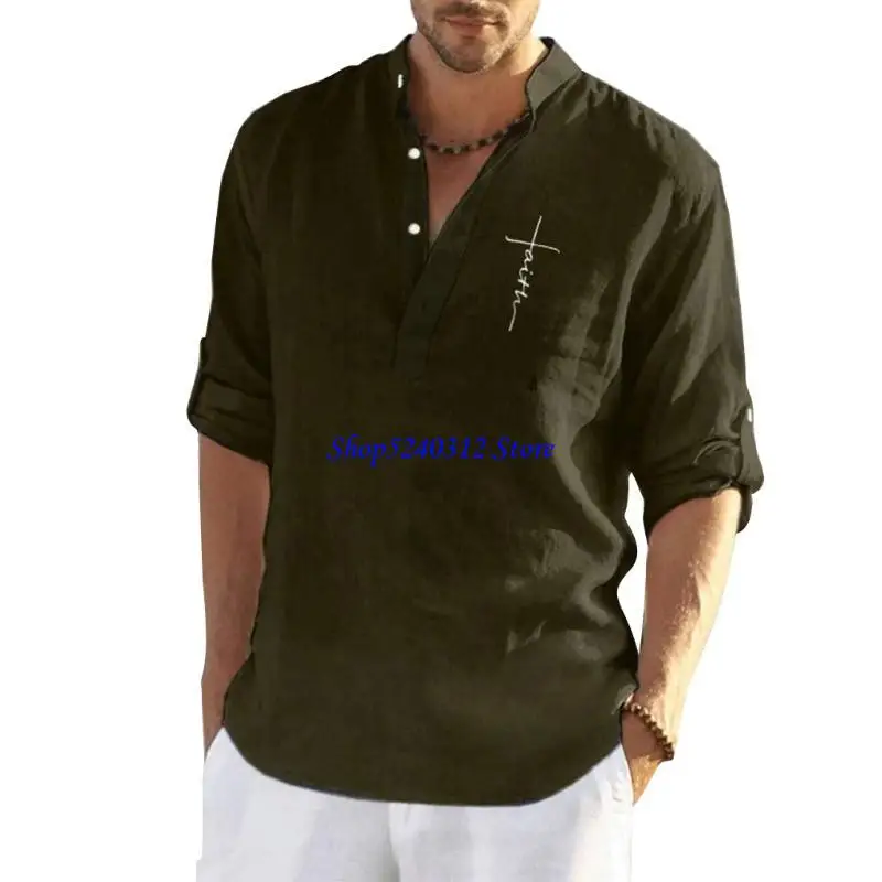 634C Mens Cotton Linen Button V-Neck for T Shirts Long Sleeve Hippie Beach Blouse Letters Embroidery Color Pullover Top