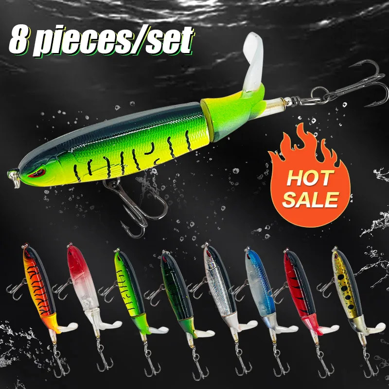 

8Pcs Whopper Plopper 10Cm/14Cm Floating Per Fishing Lure Artificial Hard Bait Wobbler Rotating Tail Fishing Tackle 3D Eyes