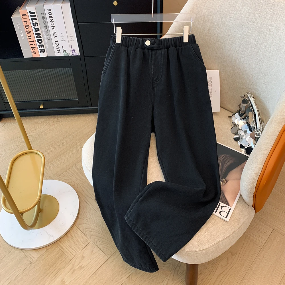 Plus-size women's Fall/Winter Casual commute loose comfortable cotton pants Black straight-barrel elastic-waist button pants