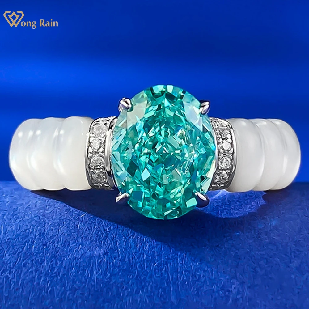 

Wong Rain 100% 925 Sterling Silver 7*9 MM Oval Lab Paraiba Tourmaline High Carbon Diamond Gemstone Ring for Women Fine Jewelry