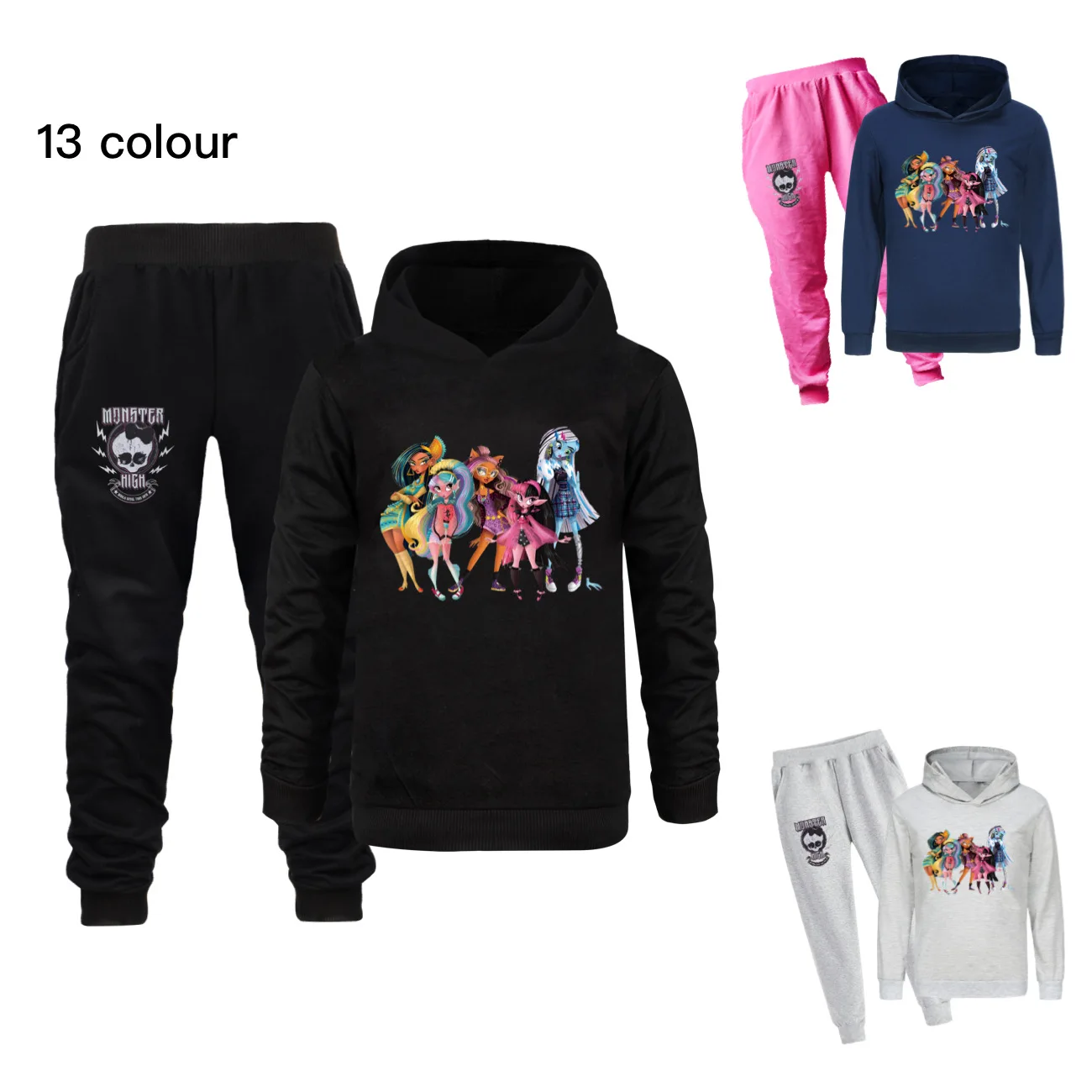 Conjunto de treino Monster High para crianças, moletom de manga comprida, moletons e calças, terno esportivo, meninos e meninas, roupas adolescentes, nova moda, 2PCs, 2-14Y