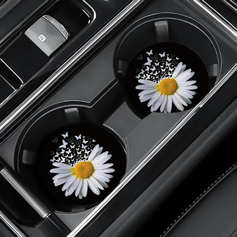 2PCS Car coaster, car water cup insulation pad, high-definition printed creative daisy pattern circular anti slip pad