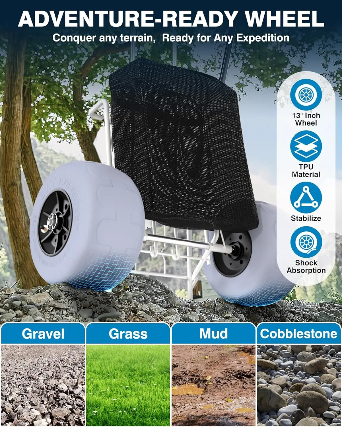 ch Cart With 13"" Big Balloon Wheels For Sand, 14.2"" X 14.4"" Cargo Deck, 242 Lbs Loading Capacity, 30""- 49"" Adjustable