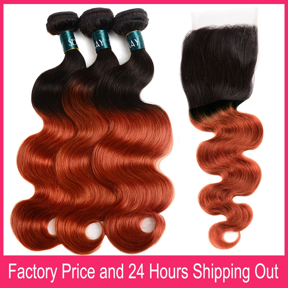 Ombre Orange Human Hair Bundles With Closure Brazilian Body Wave 1B/350 Human Hair Weaving And 4x4 Swiss Lace Closure Free Part