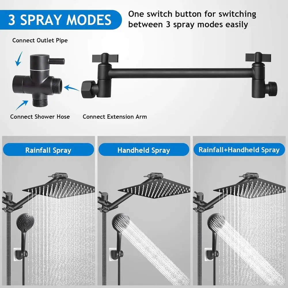 10 Matte Black High-Pressure Rain Shower with 11 Extendable Arm and 5-Mode Handheld