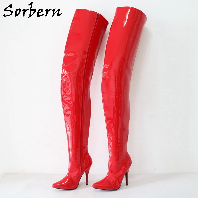 

Sorbern Fresh Red Shiny Boots Women Fetish High Heel Stilettos Pointed Toe Full Zipper Hard Shaft No Strechy Drag Queen Shoes