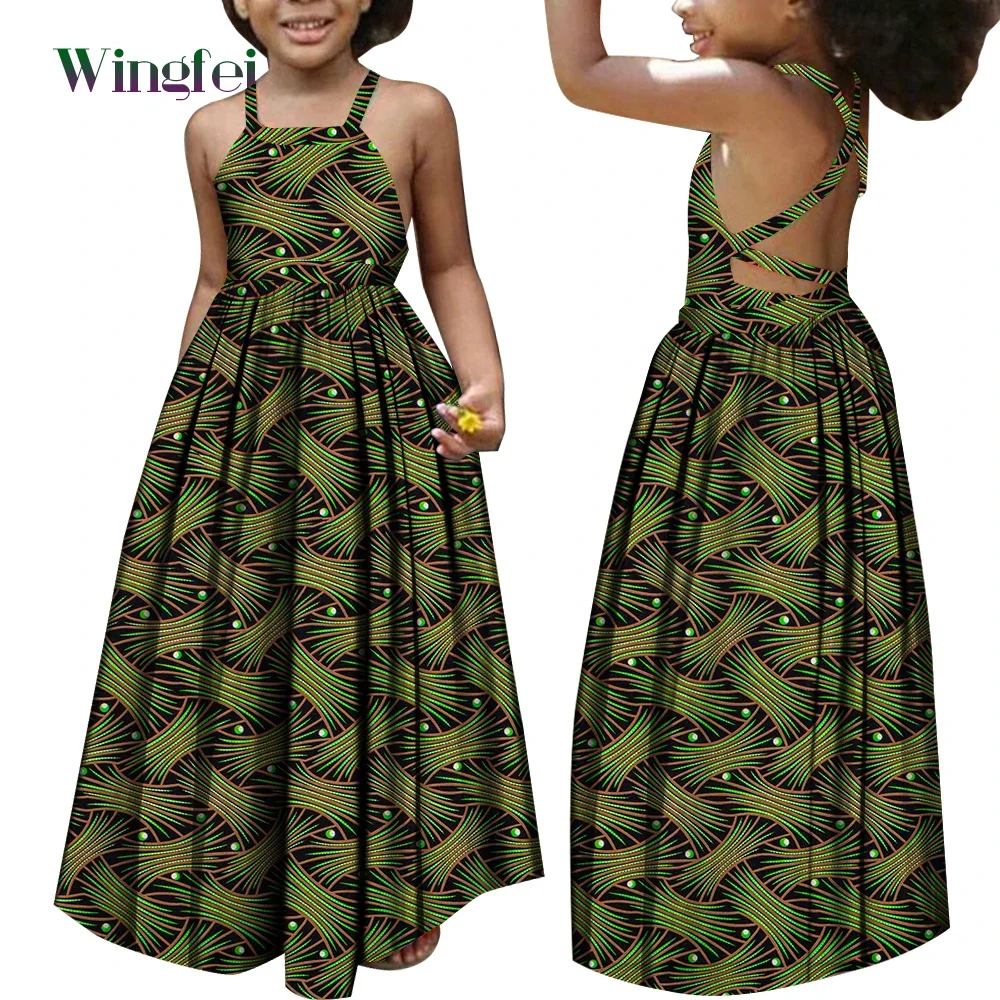 African Dresses for Girls Dashiki Children Clothes Ankara Fashion Floral Print Halter Long Dresses Kids African Clothes WYT728