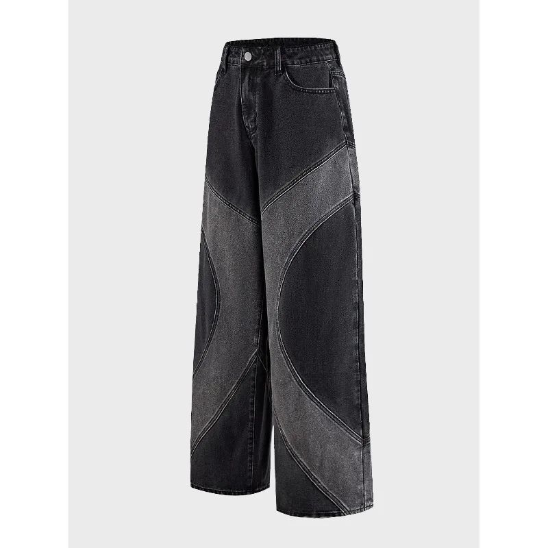 Women Y2K Contrast Curved Stitching Patchwork Wide Leg Jeans Retro Oversized Baggy Denim Pants
