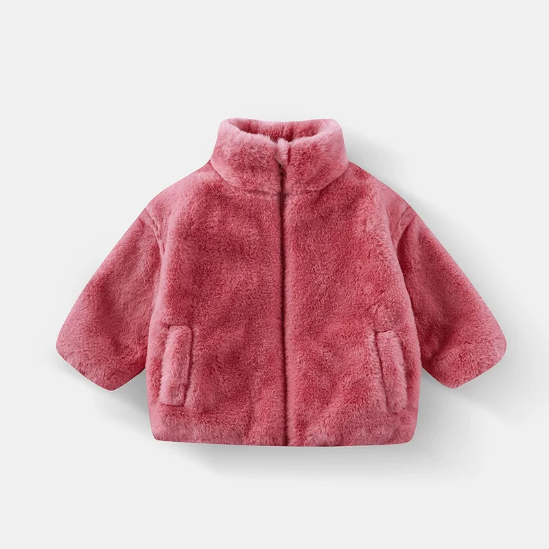 Kids Imitation Rabbit Fur Jacket Double Sided Plush Warm Stand Collar Coat Autumn Winter Outerwear for Boys And Girls 2-6 Years
