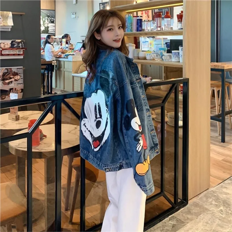 Cartoon Clothing Mickey Printed Denim Jacket Women\'s Spring And Autumn Loose Preppy Style Large Size Jacket Cartoon Casual Top