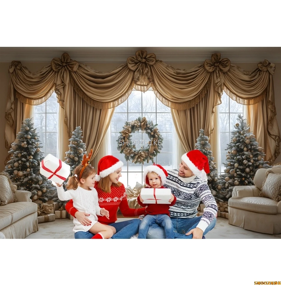 عيد الميلاد نافذة كبيرة خلفية شجرة عيد الميلاد الستار غرفة المعيشة الاطفال صورة الأسرة حفلة التصوير خلفية جدار ديكور الدعائم