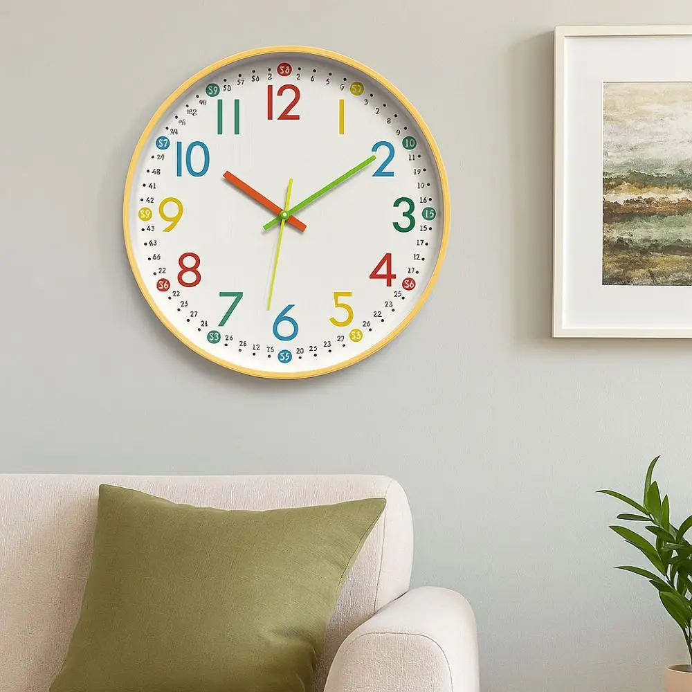 

Easy Read 12 Inch Numeral Wall Clock Non Ticking Plastic Silent Electronic Clock Colorful Children Clock Classroom Decors