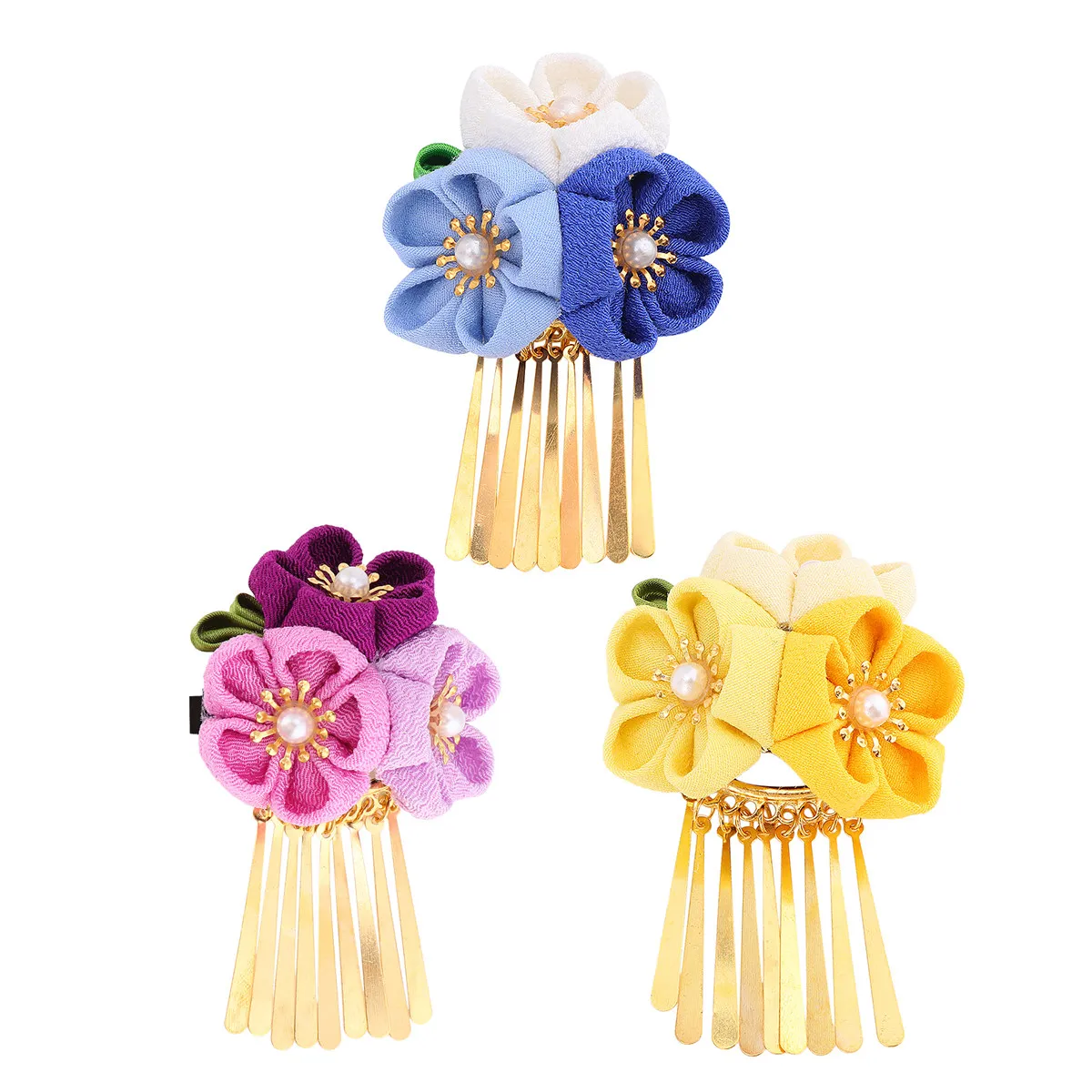 

Soft Cloth Blue Japanese Flower Hair Clip Tassels Elegant Decor for Hanfu Kimono Photography Tourism Parties Festivals