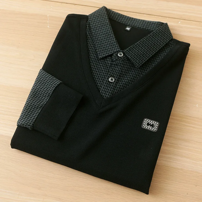 

Свободная вязаная рубашка с длинным рукавом для мужчин среднего возраста, весенне-осенняя, модная, универсальная, с воротником-стойкой, имитация двухслойности