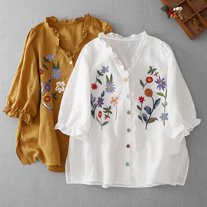 

Artistic Embroidered Floral Heavy Work Shirt V-Neck Five Sleeve Casual Style Summer Thin Fabric Women's Large Size Blouse