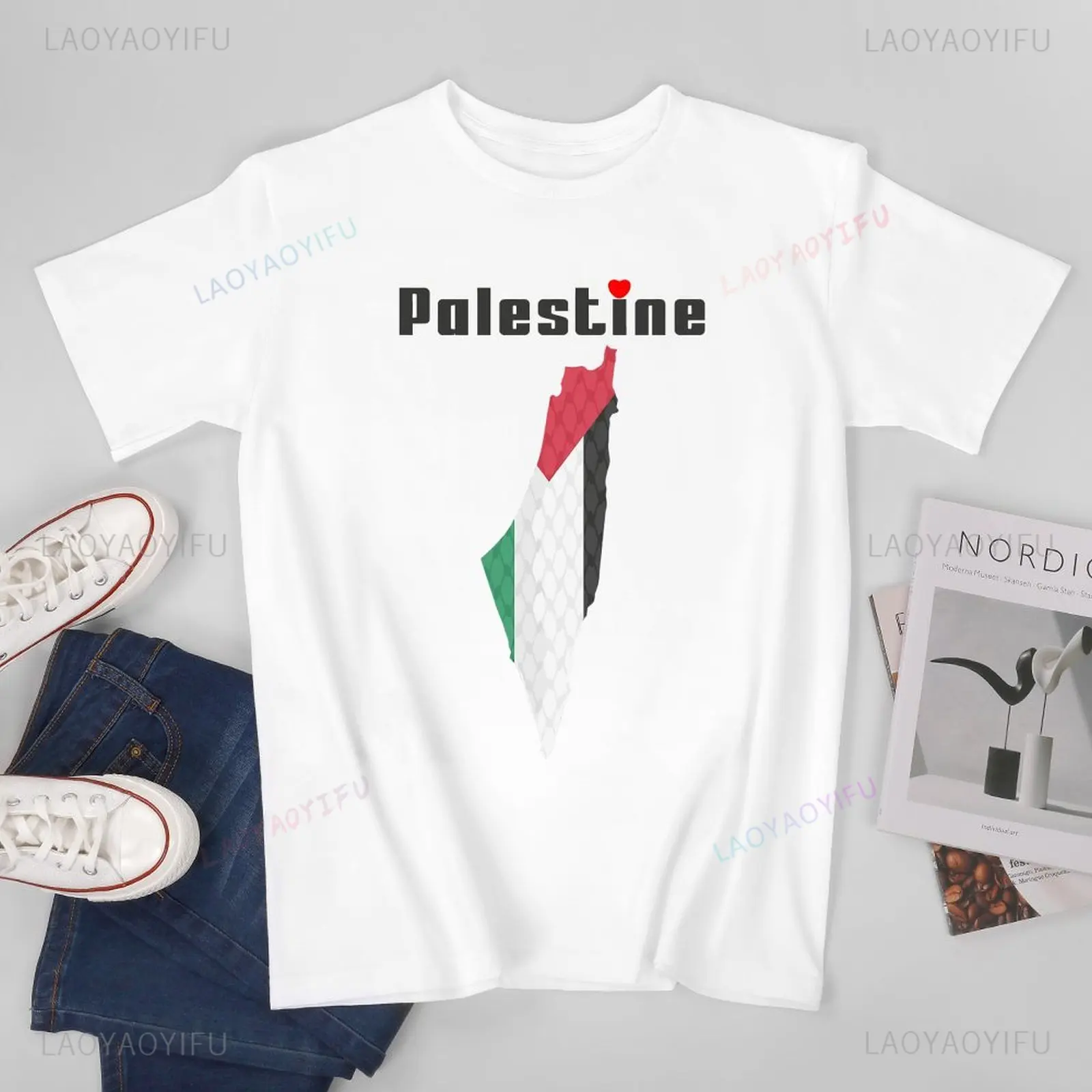 Simple Unisex Men Palestine Flag Palestinian Map Printed T-shirt Simple Tees T Shirts Women Boys Classic Cotton T-Shirt