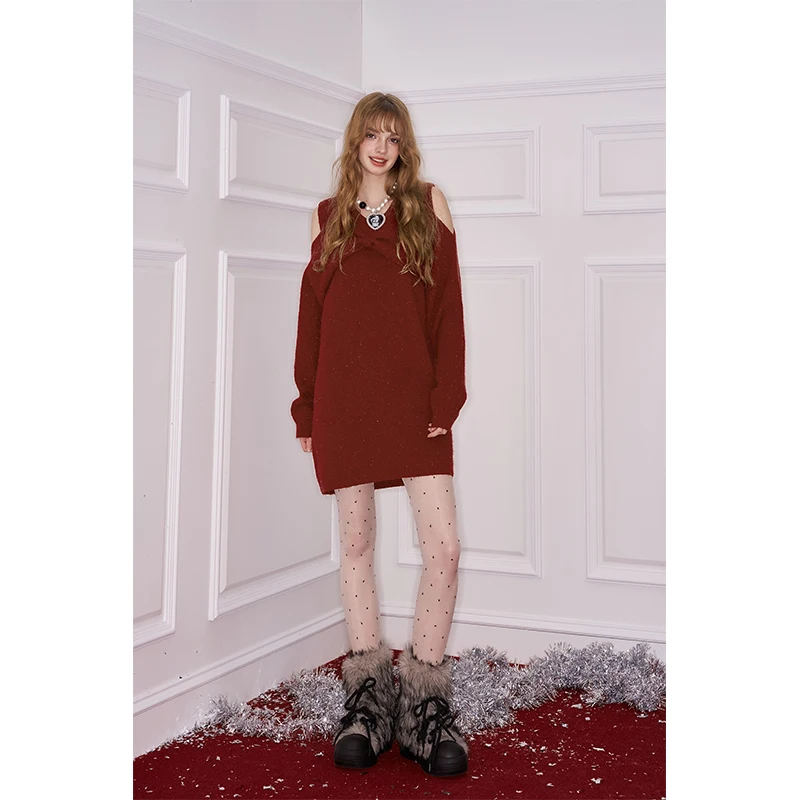 ELFSACK Elegant Sweet Cute Neckline Heart Embellishment Off Shoulder Dress For Women