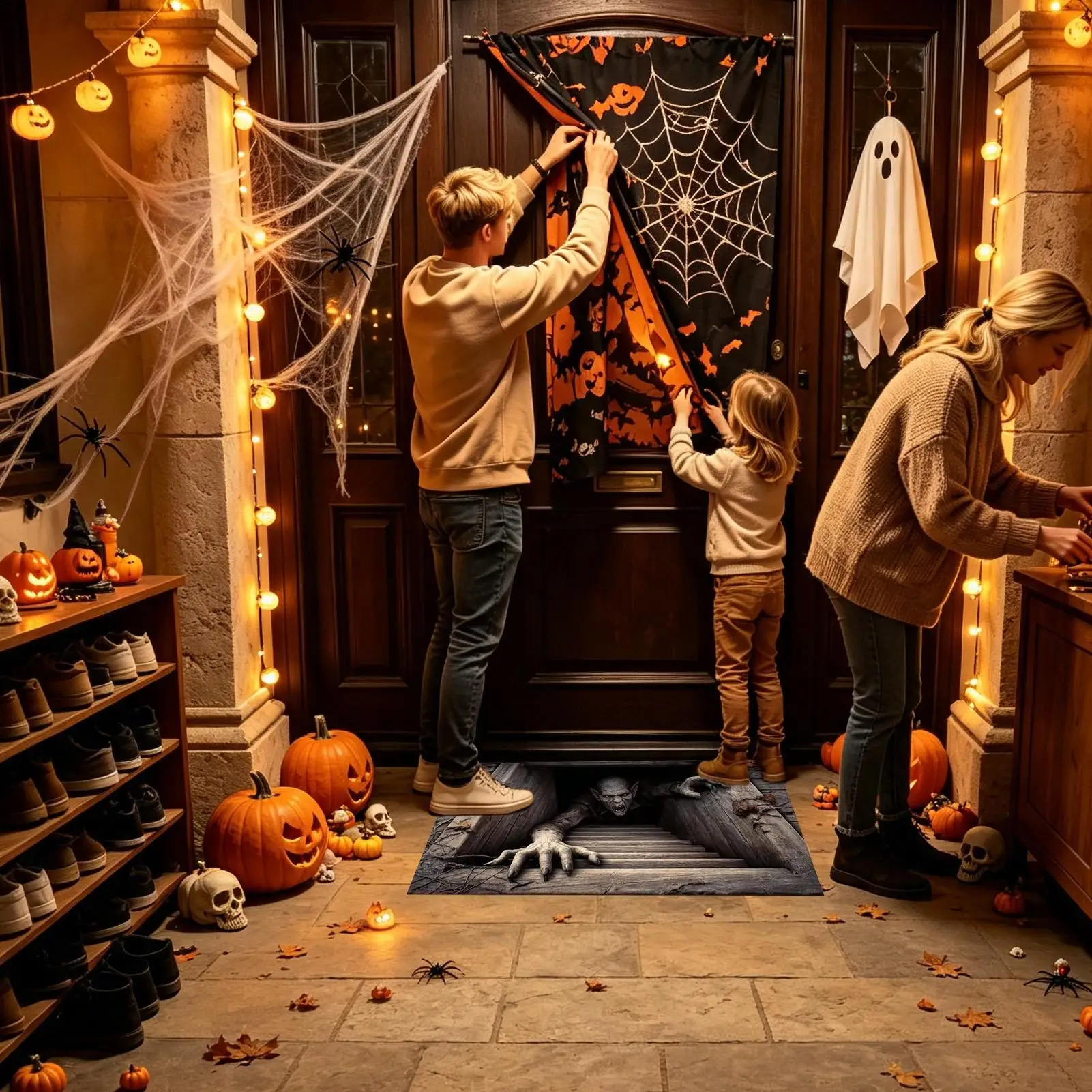 60x40cm Halloween Spooky Illusion Door Mat, Non-Slip Absorbent Entrance Rug, Creepy Optical Carpet for Home Kitchen Bathroom
