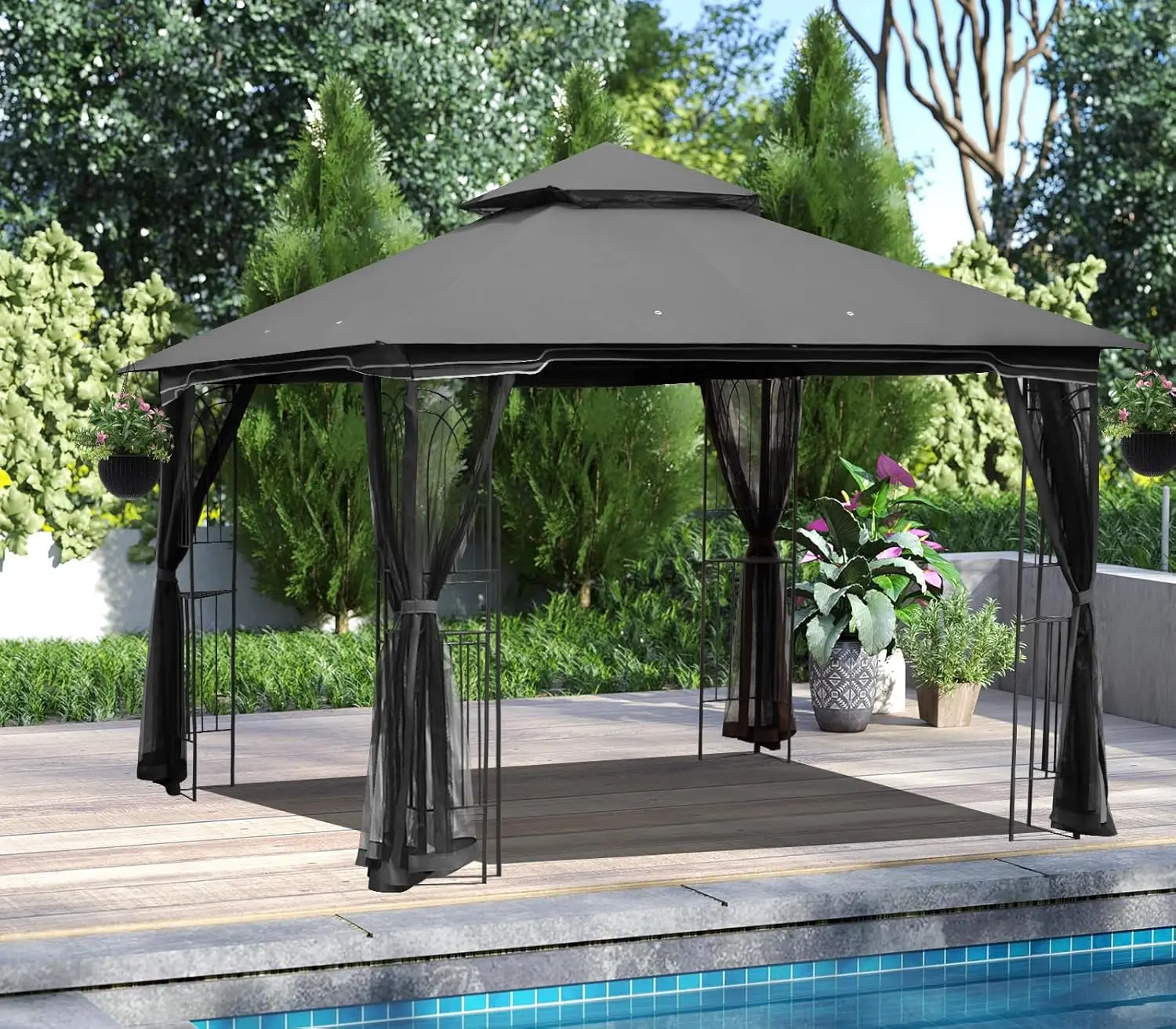 

Outdoor Gazebo 10 x10 Heavy Duty Canopy Tent with Soft Double Roofs Metal Corner Frame Shelves Party Tent Shelter
