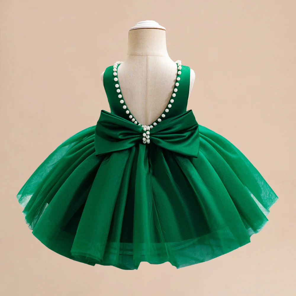 Girl Green Beading Party Princess Dress Kids Sleeveless Tutu Gown Girl Bow Birthday Baptism Pleated Dresses Summer Holiday Wear