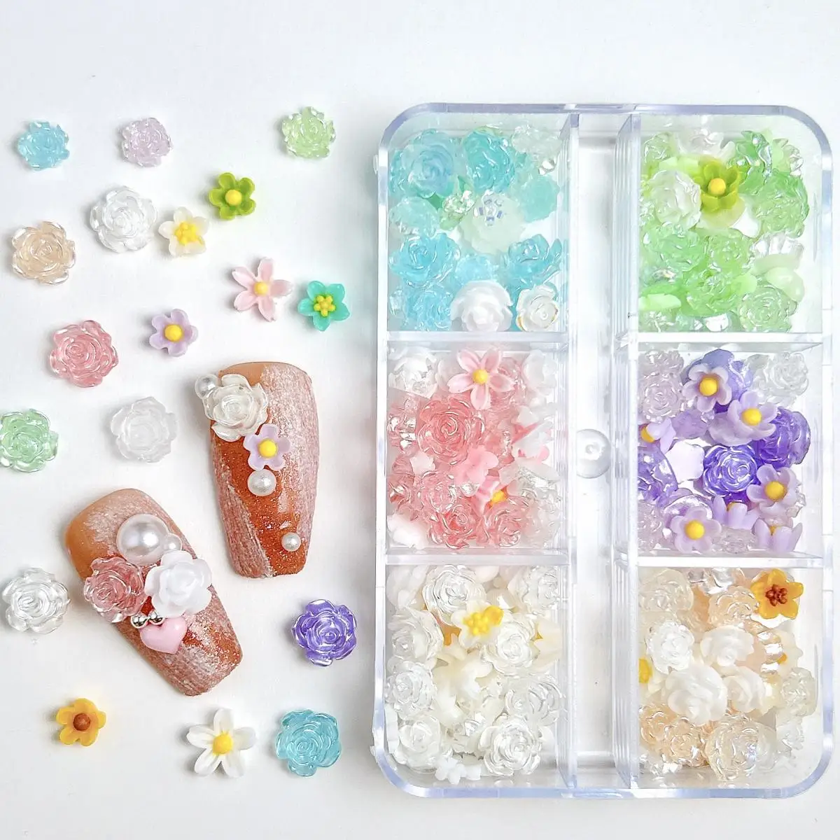 

1 Box Colorful Translucent Resin Flower Nail Charms Pink White Heart Rose Mixed Nail Art Decoration DIY Crafts Accessories