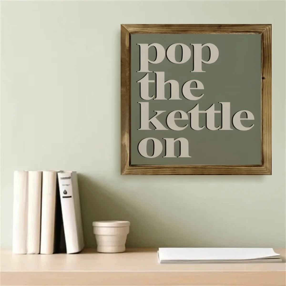 2D Flat Square Funny Kitchen Quote Wooden Decor 'Pop the Kettle On' Signboard for Hanging Display HomeBar Cafe Wall Art