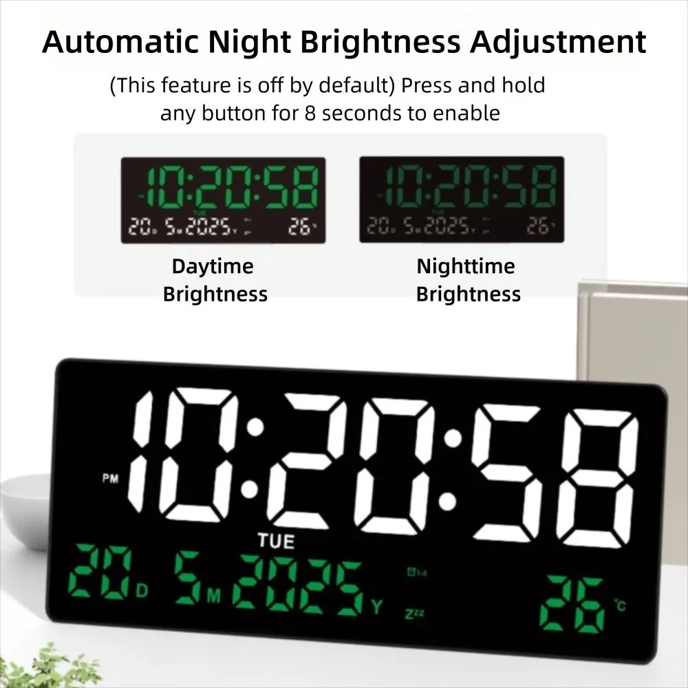 Reloj de pared digital grande 12/24H Pantalla de hora/fecha/semana/temperatura Reloj despertador LED 3 despertador Brillo ajustable