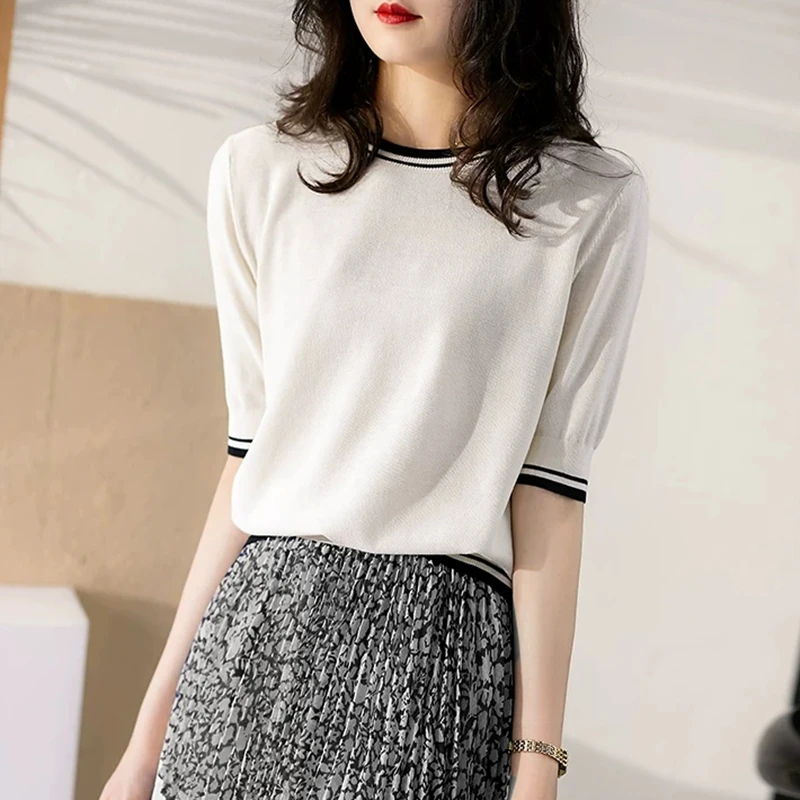 Temperament  wind ice silk knit short sleeve women thin osmanthus needle pure cotton line T shirt summer bottom jacket