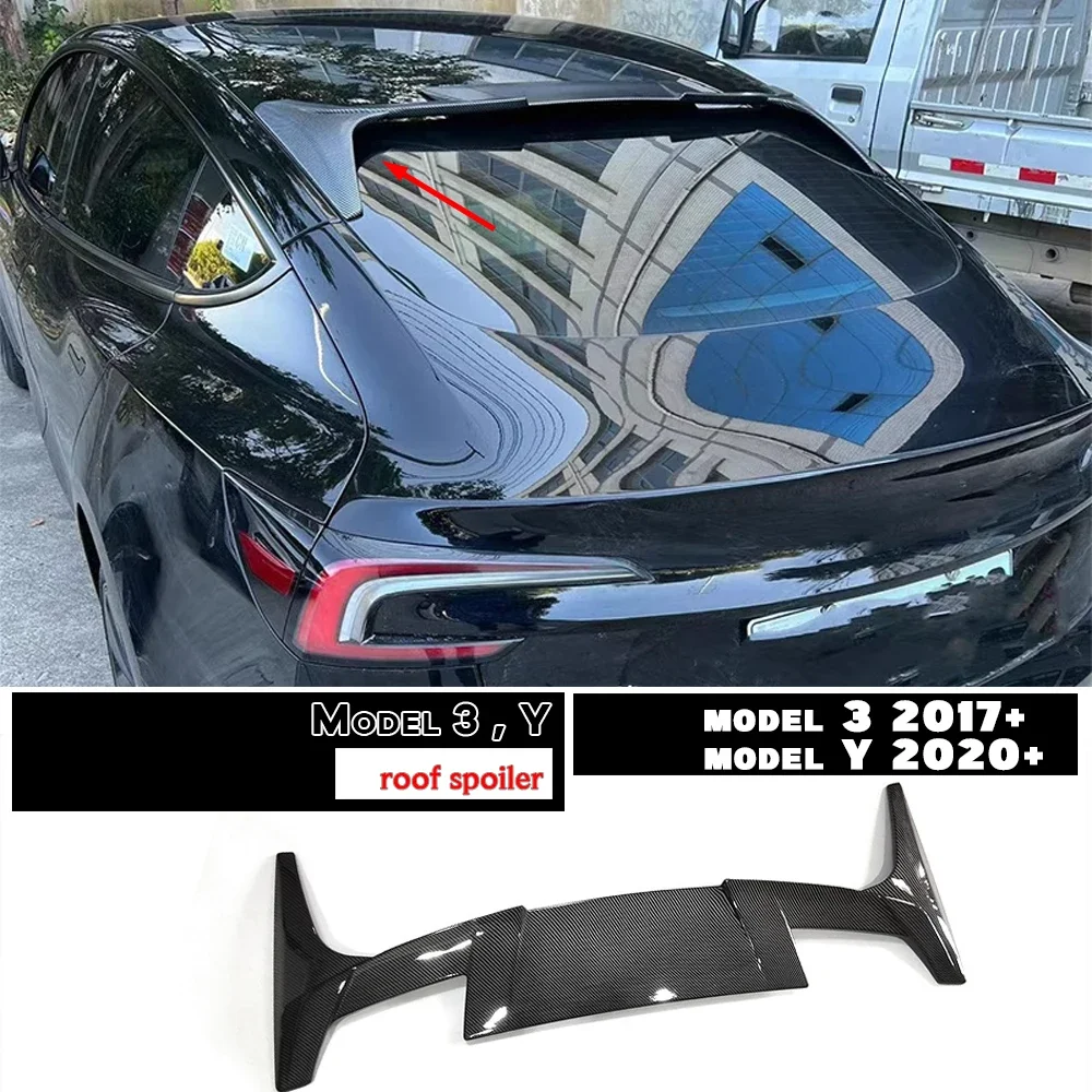 Glazing Black Carbon Fiber Printing Rear Roof Aerodynamic Spoiler Car Wing for Tesla Model 3 2017+ & Model Y 2020+